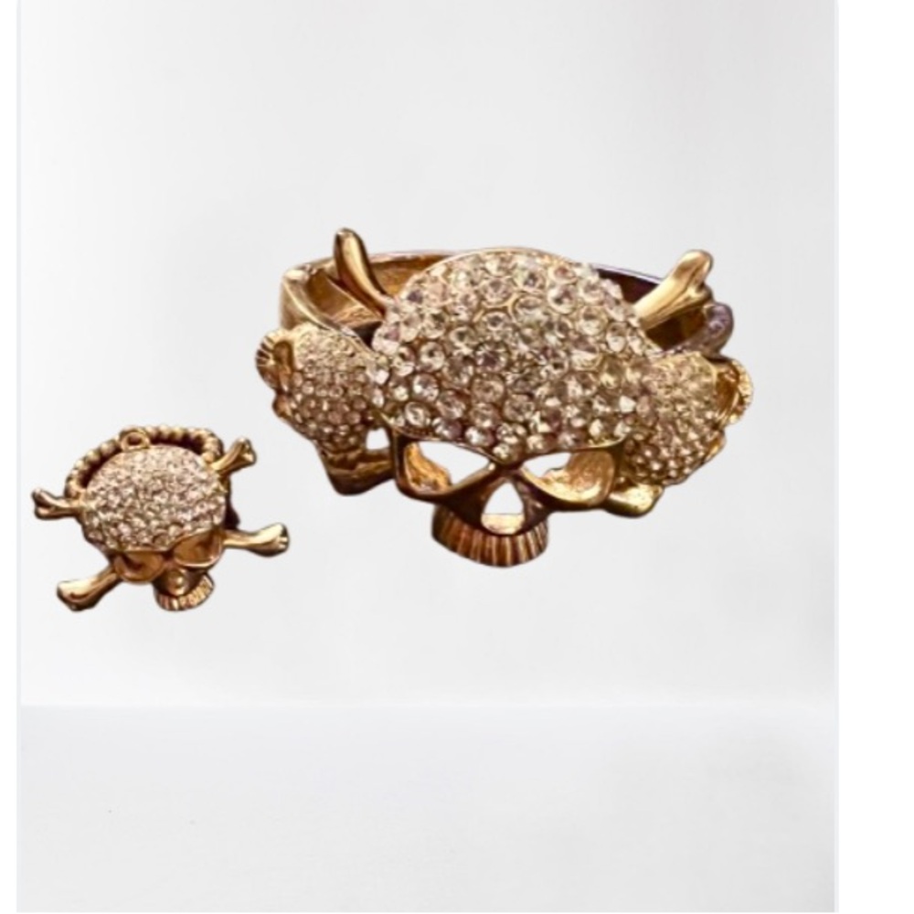 Jewelry PGC Rhinestone Gld .Slip On Skull Bones Bracelet & adjustable band ring.